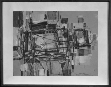 Edmond Casarella (American, 1920–1996). <em>Two Points of Interest</em>. Watercolor, Image: 22 15/16 x 30 in. (58.3 x 76.2 cm). Brooklyn Museum, John B. Woodward Memorial Fund, 55.107. © artist or artist's estate (Photo: Brooklyn Museum, 55.107_framed_acetate_bw.jpg)