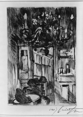 Lovis Corinth (German, 1858-1925). <em>Under the Chandelier (Unter den Kronleuchter)</em>, 1916. Drypoint on laid paper, Image (Plate): 8 x 5 11/16 in. (20.3 x 14.4 cm). Brooklyn Museum, Gift of Benjamin Weiss, 55.113.17 (Photo: Brooklyn Museum, 55.113.17_acetate_bw.jpg)