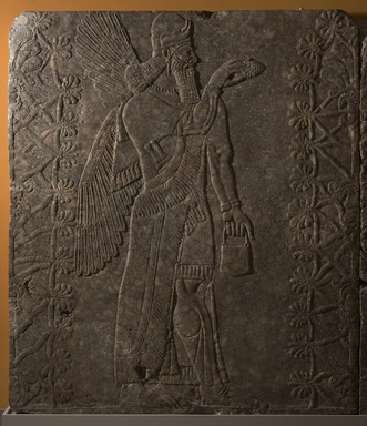 Assyrian. <em>Apkallu-figure</em>, ca. 883–859 B.C.E. Gypsum stone, pigment, 93 1/16 x 80 13/16 in. (236.3 x 205.3 cm). Brooklyn Museum, Purchased with funds given by Hagop Kevorkian and the Kevorkian Foundation, 55.147. Creative Commons-BY (Photo: Brooklyn Museum, 55.147_at_PS11.jpg)