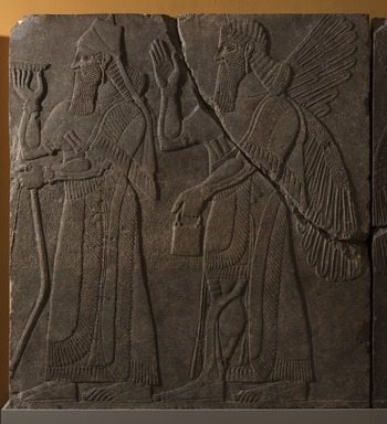 Assyrian. <em>Apkallu-figure and King Ashur-nasir-pal II</em>, ca. 883–859 B.C.E. Gypsum stone, pigment, 91 1/8 x 83 3/8 in. (231.5 x 211.8 cm). Brooklyn Museum, Purchased with funds given by Hagop Kevorkian and the Kevorkian Foundation, 55.155. Creative Commons-BY (Photo: Brooklyn Museum, 55.155_at_PS11.jpg)