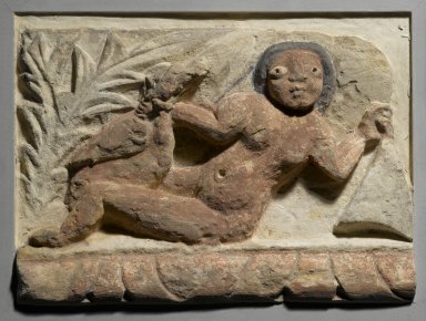 Coptic. <em>Frieze Fragment with Leda and the Swan</em>, 4th-5th century C.E., with 20th century alterations. Limestone, pigment, 8 13/16 x 12 1/16 x 3 1/16 in. (22.4 x 30.7 x 7.8 cm). Brooklyn Museum, Charles Edwin Wilbour Fund, 55.2.1. Creative Commons-BY (Photo: Brooklyn Museum, 55.2.1_PS2.jpg)