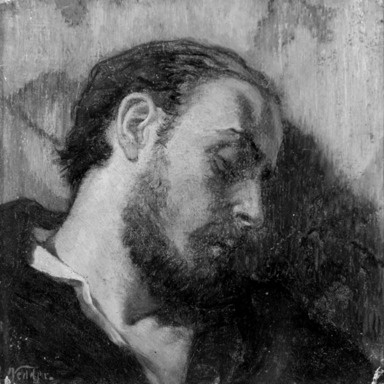 Elihu Vedder (American, 1836-1923). <em>Study for the Head of the Dead Alchemist</em>, 1866. Oil on board, 7 5/8 x 7 9/16 in. (19.4 x 19.2 cm). Brooklyn Museum, Gift of the American Academy of Arts and Letters, 55.41 (Photo: Brooklyn Museum, 55.41_cropped_acetate_bw.jpg)