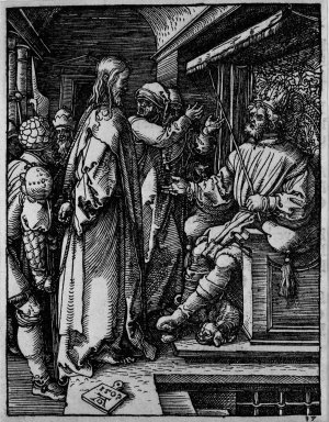 Albrecht Dürer (German, 1471–1528). <em>Christ before Herod</em>, 1509; edition of 1511. Woodcut on laid paper, Sheet: 5 1/4 x 4 1/16 in. (13.3 x 10.3 cm). Brooklyn Museum, Gift of Mrs. Howard M. Morse, 56.105.17 (Photo: Brooklyn Museum, 56.105.17_bw.jpg)