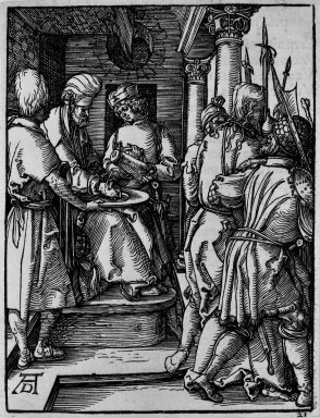 Albrecht Dürer (German, 1471-1528). <em>Pilate Washing his Hands</em>, 1509-1511; edition of 1511. Woodcut on laid paper, Sheet: 5 1/4 x 4 in. (13.4 x 10.2 cm). Brooklyn Museum, Gift of Mrs. Howard M. Morse, 56.105.21 (Photo: Brooklyn Museum, 56.105.21_bw.jpg)