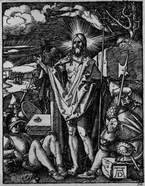 Albrecht Dürer (German, 1471–1528). <em>Resurrection</em>, 1509–1511; edition of 1511. Woodcut on laid paper, Image: 4 1/16 x 3 13/16 in. (10.3 x 9.7 cm). Brooklyn Museum, Gift of Mrs. Howard M. Morse, 56.105.30 (Photo: Brooklyn Museum, 56.105.30_bw.jpg)