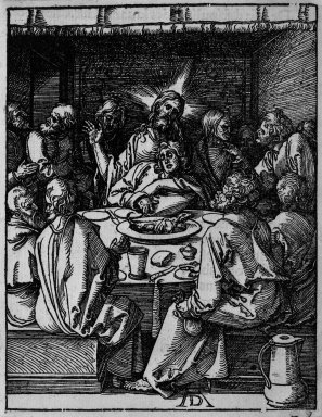 Albrecht Dürer (German, 1471-1528). <em>Last Supper</em>, 1509-1511; edition of 1511. Woodcut on laid paper, Sheet: 5 1/4 x 4 1/16 in. (13.3 x 10.3 cm). Brooklyn Museum, Gift of Mrs. Howard M. Morse, 56.105.9 (Photo: Brooklyn Museum, 56.105.9_bw.jpg)