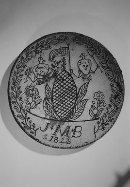 American. <em>Pie Plate</em>, 1823. Earthenware, 2 3/8 x 12 1/4 x 12 1/4 in. (6 x 31.1 x 31.1 cm). Brooklyn Museum, Gift of Huldah Cail Lorimer in memory of George Burford Lorimer, 56.5.11. Creative Commons-BY (Photo: Brooklyn Museum, 56.5.11_bw.jpg)