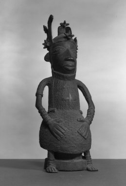 Edo. <em>Figure of an Oba</em>, 19th or 20th century. Copper alloy, 12 3/16 × 5 1/8 in. (31 × 13 cm). Brooklyn Museum, Gift of Arturo and Paul Peralta-Ramos, 56.6.71. Creative Commons-BY (Photo: Brooklyn Museum, 56.6.71_acetate_bw.jpg)