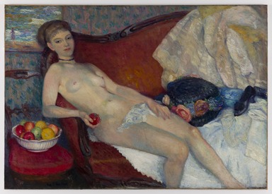 William Glackens (American, 1870–1938). <em>Girl with Apple</em>, 1909–1910. Oil on canvas, 39 7/16 x 56 3/16 in. (100.2 x 142.7 cm). Brooklyn Museum, Dick S. Ramsay Fund, 56.70 (Photo: Brooklyn Museum, 56.70_PS22.jpg)