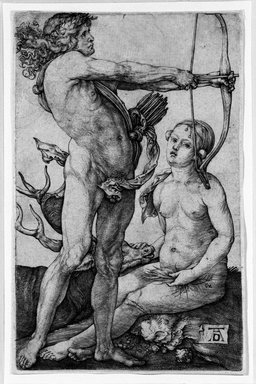 Albrecht Dürer (German, 1471-1528). <em>Apollo and Diana</em>, ca. 1503. Engraving on laid paper, 4 1/2 x 2 3/4 in. (11.4 x 7 cm). Brooklyn Museum, Gift of Mrs. Charles Pratt, 57.188.11 (Photo: Brooklyn Museum, 57.188.11_bw.jpg)