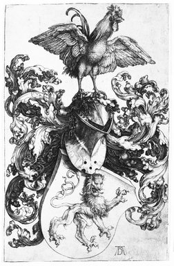 Albrecht Dürer (German, 1471-1528). <em>The Coat of Arms with Lion and Rooster</em>, 1503. Engraving on laid paper, 7 1/4 x 4 3/4 in. (18.4 x 12.1 cm). Brooklyn Museum, Gift of Mrs. Charles Pratt, 57.188.12 (Photo: Brooklyn Museum, 57.188.12_bw.jpg)