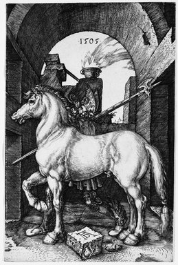 Albrecht Dürer (German, 1471-1528). <em>The Little Horse</em>, 1505. Engraving on laid paper, 6 3/8 x 4 3/16 in. (16.2 x 10.6 cm). Brooklyn Museum, Gift of Mrs. Charles Pratt, 57.188.14 (Photo: Brooklyn Museum, 57.188.14_bw.jpg)