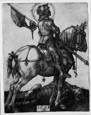 Albrecht Dürer (German, 1471-1528). <em>Saint George and the Dragon</em>, 1508. Engraving on laid paper, 4 1/4 x 3 3/8 in. (10.8 x 8.6 cm). Brooklyn Museum, Gift of Mrs. Charles Pratt, 57.188.15 (Photo: Brooklyn Museum, 57.188.15_bw.jpg)