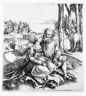 Albrecht Dürer (German, 1471-1528). <em>The Offer of Love</em>, ca. 1496. Etching on laid paper, 5 7/8 x 5 1/2 in. (14.9 x 14 cm). Brooklyn Museum, Gift of Mrs. Charles Pratt, 57.188.21 (Photo: Brooklyn Museum, 57.188.21_bw.jpg)