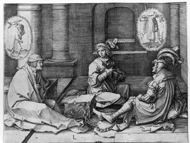 Lucas van Leyden (Dutch, 1494-1533). <em>Joseph in Prison Interpreting Dreams</em>, 1512. Engraving on laid paper, 6 1/2 x 4 15/16 in. (16.5 x 12.6 cm). Brooklyn Museum, Gift of Mrs. Charles Pratt, 57.188.28 (Photo: Brooklyn Museum, 57.188.28_bw.jpg)