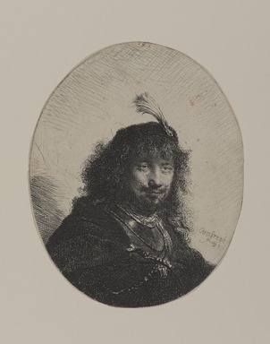 Rembrandt Harmensz. van Rijn (Dutch, 1606-1669). <em>Rembrandt with Plumed Cap and Lowered Sabre</em>, 1634. Etching on laid paper, Plate (oval): 5 1/4 x 4 1/4 in. (13.3 x 10.8 cm). Brooklyn Museum, Gift of Mrs. Charles Pratt, 57.188.48 (Photo: , 57.188.48_PS9.jpg)