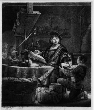 Rembrandt Harmensz. van Rijn (Dutch, 1606–1669). <em>Jan Uytenbogaert, Receiver - General (The Gold - Weigher)</em>, 1639. Etching and drypoint on cream wove paper, Plate: 9 7/8 x 8 in. (25.1 x 20.3 cm). Brooklyn Museum, Gift of Mrs. Charles Pratt, 57.188.51 (Photo: Brooklyn Museum, 57.188.51_bw.jpg)