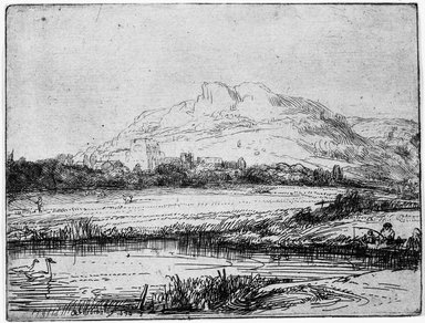 Rembrandt Harmensz. van Rijn (Dutch, 1606-1669). <em>Canal with an Angler and Two Swans</em>, 1650. Etching on laid paper, Plate: 3 5/16 x 4 5/16 in. (8.4 x 11 cm). Brooklyn Museum, Gift of Mrs. Charles Pratt, 57.188.56 (Photo: Brooklyn Museum, 57.188.56_bw.jpg)