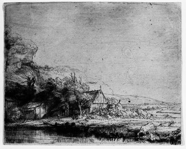 Rembrandt Harmensz. van Rijn (Dutch, 1606-1669). <em>Landscape with a Cow Drinking</em>, ca. 1650. Etching and drypoint on laid paper, Plate: 4 1/8 x 5 1/8 in. (10.5 x 13 cm). Brooklyn Museum, Gift of Mrs. Charles Pratt, 57.188.57 (Photo: Brooklyn Museum, 57.188.57_bw.jpg)