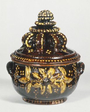 Johannes Leman at Pottery of John Nase. <em>Sugar Bowl with Lid</em>, ca. 1830. Earthenware, 7 1/4 x 5 1/2 x 5 1/2 in. (18.4 x 14 x 14 cm). Brooklyn Museum, Gift of Huldah Cail Lorimer in memory of George Burford Lorimer, 57.75.18a-b. Creative Commons-BY (Photo: Brooklyn Museum, 57.75.18_SL1.jpg)