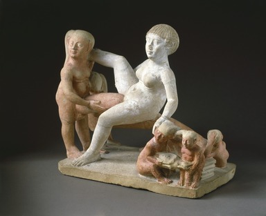  <em>Erotic Composition</em>, 305-30 B.C.E. Limestone, pigment, 6 1/2 x 3 3/4 x 6 11/16 in. (16.5 x 9.5 x 17 cm). Brooklyn Museum, Gift in memory of Dr. Jacob Hirsch and Charles Edwin Wilbour Fund, 58.13. Creative Commons-BY (Photo: Brooklyn Museum, 58.13_SL1.jpg)