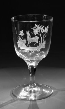 Brooklyn Flint Glass Company. <em>Water Goblet</em>, ca. 1860. Engraved glass, 6 x 3 1/4 in. (15.2 x 8.3 cm). Brooklyn Museum, Gift of Alexander L. Thompson, 58.36.2. Creative Commons-BY (Photo: Brooklyn Museum, 58.36.2_bw.jpg)