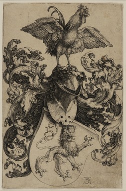Albrecht Dürer (German, 1471-1528). <em>Coat of Arms with Lion and Rooster</em>, 1503. Engraving on laid paper, 7 5/16 x 4 3/4 in. (18.5 x 12 cm). Brooklyn Museum, Gift of Katharine Kuh in memory of Edgar C. Schenck, 59.235.1 (Photo: Brooklyn Museum Photograph, 59.235.1_PS11.jpg)