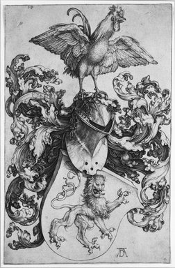 Albrecht Dürer (German, 1471-1528). <em>Coat of Arms with Lion and Rooster</em>, 1503. Engraving on laid paper, 7 5/16 x 4 3/4 in. (18.5 x 12 cm). Brooklyn Museum, Gift of Katharine Kuh in memory of Edgar C. Schenck, 59.235.1 (Photo: Brooklyn Museum, 59.235.1_bw.jpg)