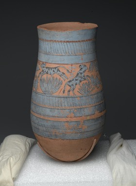  <em>Blue-Painted Vase with Marsh Scene</em>, ca. 1390-1353 B.C.E. Clay, Egyptian blue, pigment, 11 5/8 x Diam. of body 6 5/16 in. (29.6 x 16 cm). Brooklyn Museum, Charles Edwin Wilbour Fund, 59.2. Creative Commons-BY (Photo: Brooklyn Museum, 59.2_overall_PS2.jpg)