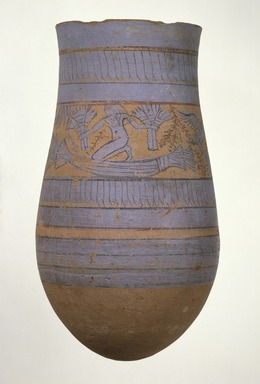  <em>Blue-Painted Vase with Marsh Scene</em>, ca. 1390-1353 B.C.E. Clay, Egyptian blue, pigment, 11 5/8 x Diam. of body 6 5/16 in. (29.6 x 16 cm). Brooklyn Museum, Charles Edwin Wilbour Fund, 59.2. Creative Commons-BY (Photo: Brooklyn Museum, 59.2_overall_SL1.jpg)