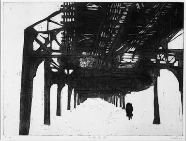 Gerson Leiber (American, 1921-2018). <em>Under the El</em>, 1957. Etching on wove paper, 17 3/4 x 23 7/8 in. (45.1 x 60.6 cm). Brooklyn Museum, Gift of the artist, 59.64.1. © artist or artist's estate (Photo: Brooklyn Museum, 59.64.1_bw.jpg)