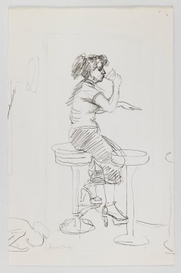 Isabel Bishop (American, 1902-1988). <em>Soda Fountain</em>, ca. 1965. Black ink and graphite on off-white, moderately thick, smooth wove paper, Sheet: 11 5/16 x 7 3/8 in. (28.7 x 18.7 cm). Brooklyn Museum, Dick S. Ramsay Fund, 60.126.2. © artist or artist's estate (Photo: Brooklyn Museum, 60.126.2_verso_IMLS_PS3.jpg)