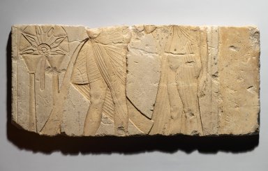  <em>Relief of Akhenaten and Nefertiti</em>, ca. 1353–1336 B.C.E. Limestone, pigment, 9 3/16 x 20 1/2 in. (23.4 x 52 cm). Brooklyn Museum, Charles Edwin Wilbour Fund, 60.197.1. Creative Commons-BY (Photo: Brooklyn Museum, 60.197.1_PS2.jpg)