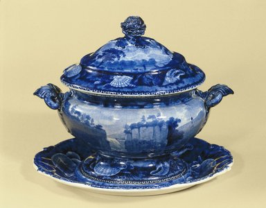 Enoch Wood & Sons (active 1818–1846). <em>Gravy Bowl with Lid, "Passaic Falls, State of New Jersey,"</em> ca. 1825–1830. Earthenware, 6 1/8 x 5 5/8 x 4 13/16 in. (15.6 x 14.3 x 12.2 cm). Brooklyn Museum, Gift of Mrs. William C. Esty, 60.213.189a-b. Creative Commons-BY (Photo: , 60.213.187_60.213.189a-b_reference_SL1.jpg)