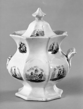 Mellor Venables & Company. <em>Sugar Bowl</em>, ca 1850. Earthenware, 7 3/4 x 3 7/8 x 3 7/8 in. (19.7 x 9.8 x 9.8 cm). Brooklyn Museum, Gift of Mrs. William C. Esty, 60.213.3a-b. Creative Commons-BY (Photo: Brooklyn Museum, 60.213.3a-b_bw.jpg)