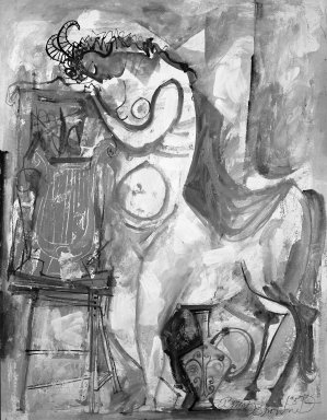 Byron Browne (American, 1907-1961). <em>Figure and Still Life</em>, 1957. Gouache on paper Brooklyn Museum, Gift of Dr. Emanuel Klein, 60.215.5. © artist or artist's estate (Photo: Brooklyn Museum, 60.215.5_acetate_bw.jpg)