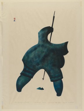 Niviaksiak (1908-1959). <em>Man Hunting at a Seal Hole in Ice</em>, 1959. Stencil (sealskin) printed in blue ink, paper, 19 x 11 3/4 in. (48.3 x 29.8 cm). Brooklyn Museum, Dick S. Ramsay Fund, 60.58.1. © artist or artist's estate (Photo: Brooklyn Museum, 60.58.1_PS2.jpg)