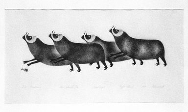 Osuitok Ipeelee (1923-2005). <em>Four Musk Oxen</em>, 1959. Stencil (sealskin), paper, 11 15/16 x 21 15/16 in. (30.3 x 55.8 cm). Brooklyn Museum, Dick S. Ramsay Fund, 60.58.2. © artist or artist's estate (Photo: Brooklyn Museum, 60.58.2_bw_SL1.jpg)