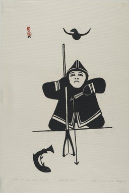Joseph (Eegyvudluk) Pootagook (1887-1958). <em>With the Raven Comes the Fish</em>, 1959. Stonecut, ink, paper, 13 3/4 x 7 1/2 in. (35 x 19 cm). Brooklyn Museum, Dick S. Ramsay Fund, 60.58.4. © artist or artist's estate (Photo: Brooklyn Museum, 60.58.4_PS2.jpg)