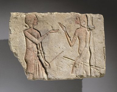  <em>Conversation</em>, ca. 1352–1336 B.C.E. Limestone, pigment, 8 1/4 x 11 5/8 in. (21 x 29.5 cm). Brooklyn Museum, Charles Edwin Wilbour Fund
, 61.195.2. Creative Commons-BY (Photo: Brooklyn Museum, 61.195.2_SL1.jpg)