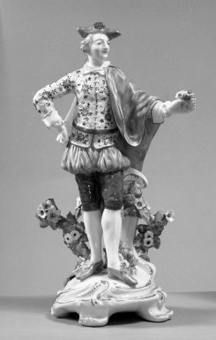 Chelsea/Derby ?. <em>Male Figure</em>, ca. 1775. Porcelain, 11 5/8 x 7 3/4 in. (29.5 x 19.7 cm). Brooklyn Museum, Gift of Pearl and Donald S. Morrison, 61.232.16. Creative Commons-BY (Photo: Brooklyn Museum, 61.232.16_acetate_bw.jpg)