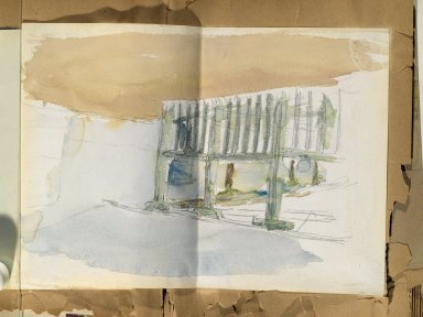 Edward Penfield (American, 1866-1925). <em>Spanish Sketch Mounted in Scrap Book</em>, ca. 1911. Watercolor and graphite on paper mounted in scrap book, sheet (unfolded): 9 1/4 x 13 1/8 in. (23.5 x 33.3 cm). Brooklyn Museum, Gift of the Enoch Pratt Free Library, 61.36.16 (Photo: Brooklyn Museum, 61.36.16_PS2.jpg)