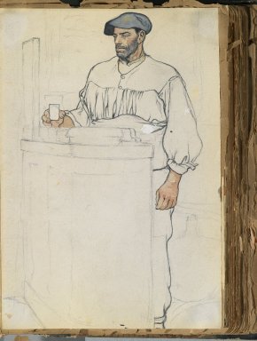 Edward Penfield (American, 1866-1925). <em>Spanish Sketch Mounted in Scrap Book</em>, ca. 1911. Graphite and watercolor on paper mounted in scrap book, sheet: 11 1/2 x 7 7/8 in. (29.2 x 20 cm). Brooklyn Museum, Gift of the Enoch Pratt Free Library, 61.36.4 (Photo: Brooklyn Museum, 61.36.4_PS2.jpg)