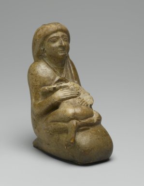  <em>Bottle in the Form of a Mother and Child</em>, ca. 1336-1295 B.C.E. Steatite, glaze, Height: 4 7/16 in. (11.3 cm). Brooklyn Museum, Charles Edwin Wilbour Fund, 61.9. Creative Commons-BY (Photo: Brooklyn Museum, 61.9_threequarter_right_PS2.jpg)