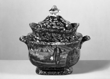 Enoch Wood (British, 1759-1840). <em>Sugar Bowl</em>, ca. 1820. Earthenware, 6 3/4 x 4 1/2 x 6 3/4 in. (17.1 x 11.4 x 17.1 cm). Brooklyn Museum, Gift of Mrs. William C. Esty, 62.176.81a-b. Creative Commons-BY (Photo: Brooklyn Museum, 62.176.81a-b_acetate_bw.jpg)