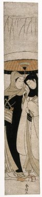 Suzuki Harunobu (Japanese, 1724-1770). <em>Two Lovers in Snow beneath Umbrella (Crow and Heron)</em>, ca. 1770. Woodblock color print, 26 9/16 x 4 7/8 in. (67.5 x 12.4 cm). Brooklyn Museum, Gift of Dr. and Mrs. Frank L. Babbott, Jr., 62.79.6 (Photo: Brooklyn Museum, 62.79.6_IMLS_SL2.jpg)