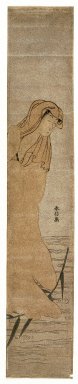 Suzuki Harunobu (Japanese, 1724-1770). <em>Parody of Bodhidarma Embarking on a Reed Leaf</em>, ca. 1766. Woodblock color print, 28 3/8 x 5 3/16 in. (71.9 x 13.1 cm). Brooklyn Museum, Gift of Dr. and Mrs. Frank L. Babbott, Jr., 62.79.7 (Photo: Brooklyn Museum, 62.79.7_IMLS_SL2.jpg)