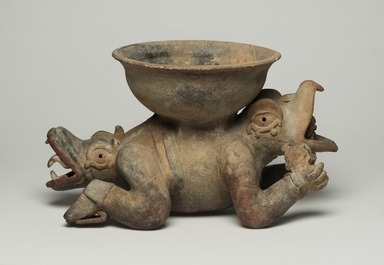Maya. <em>Effigy Vessel</em>, 1200-1500. Ceramic, pigment, 8 1/2 × 8 3/4 × 15 in. (21.6 × 22.2 × 38.1 cm). Brooklyn Museum, Dick S. Ramsay Fund, 63.153. Creative Commons-BY (Photo: Brooklyn Museum, 63.153_view01_PS11.jpg)