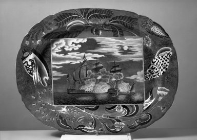 John Rogers & Sons ? (1815-1842). <em>Oval Platter</em>. Earthenware Brooklyn Museum, Gift of Mrs. William C. Esty, 63.186.43. Creative Commons-BY (Photo: Brooklyn Museum, 63.186.43_acetate_bw.jpg)