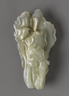  <em>Carved white jade leaf cluster ornament</em>, 19th century. Jade, brocade, 5 in. (12.7 cm). Brooklyn Museum, Gift of Mrs. Walter N. Rothschild, 63.6.36. Creative Commons-BY (Photo: Brooklyn Museum, 63.6.36_PS4.jpg)